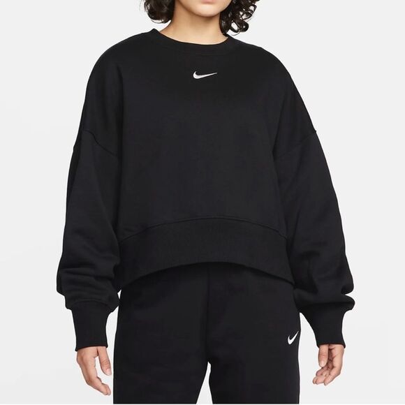 Nike Phoenix Fleece Oversized Crew Crop Sweatshirt Black - Picture 2 of 10